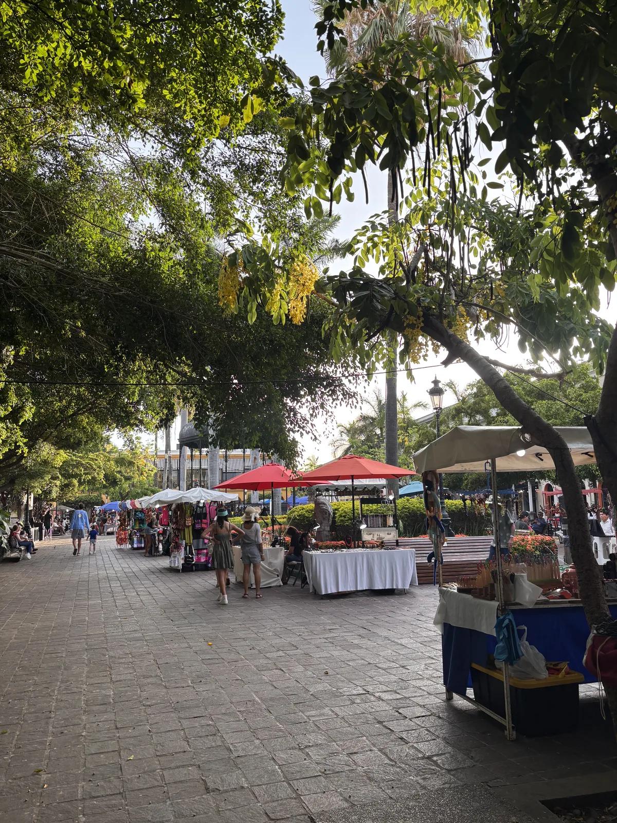 People gathering at a neighborhood plaza market in Mexico
